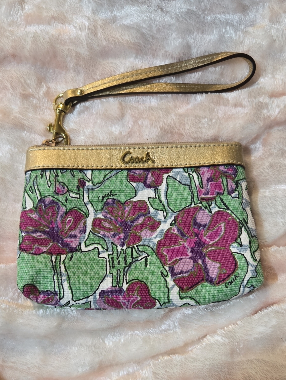 Coach Floral Canvas Wristlet with Gold Trim - Pink & Green